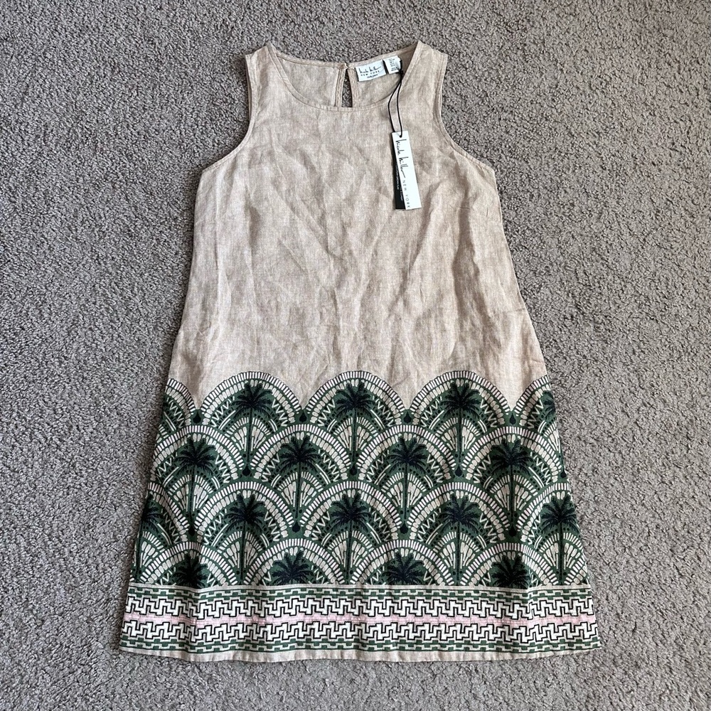 Nicole Miller New York Linen Sleeveless Taupe Green Patterned Dress Womens S